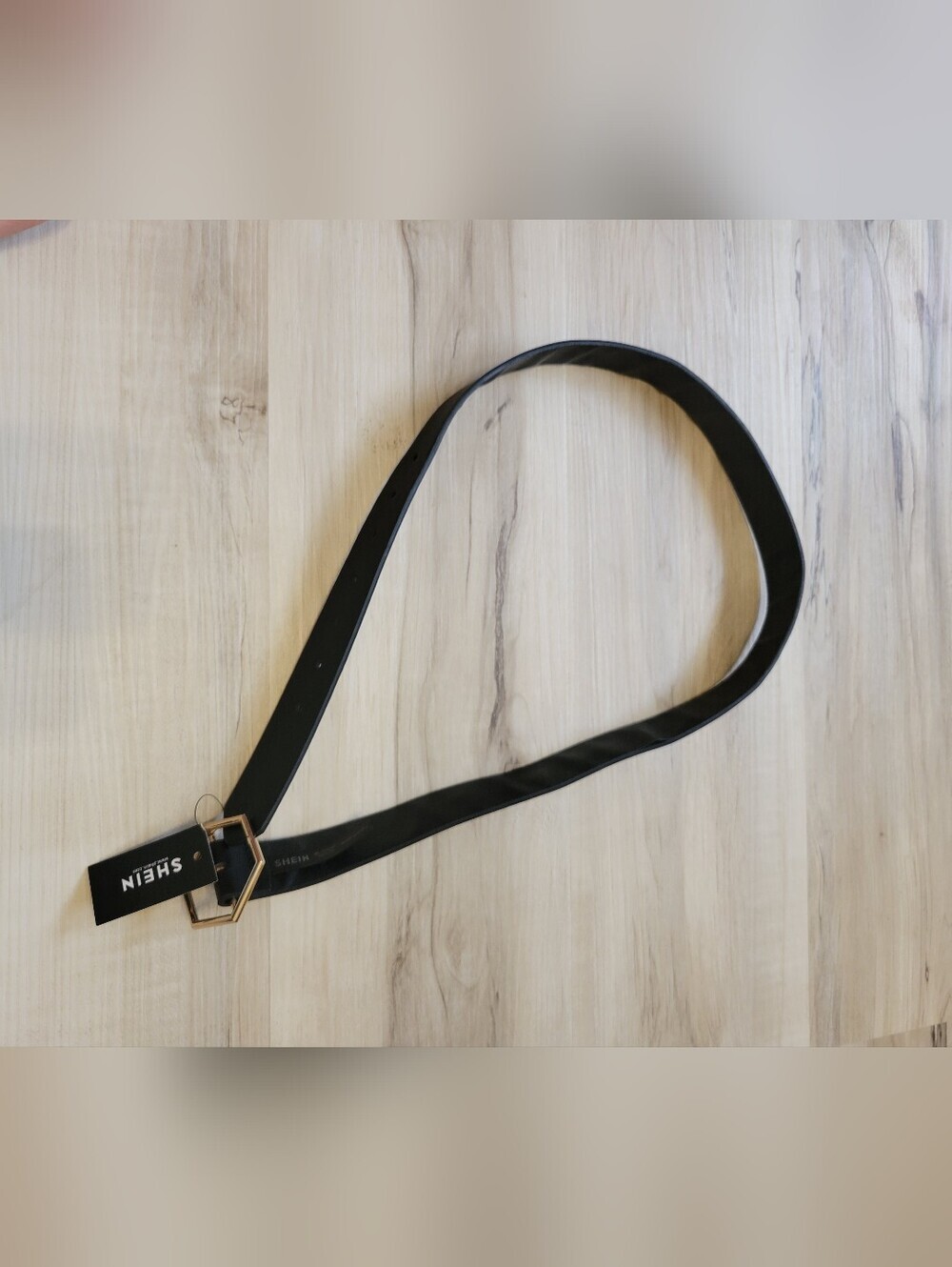 SHEIN Black Faux Leather Belt with Geometric Gold Buckle